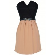 Tulip Garden Strapless Belted Dress in Black/Taupe